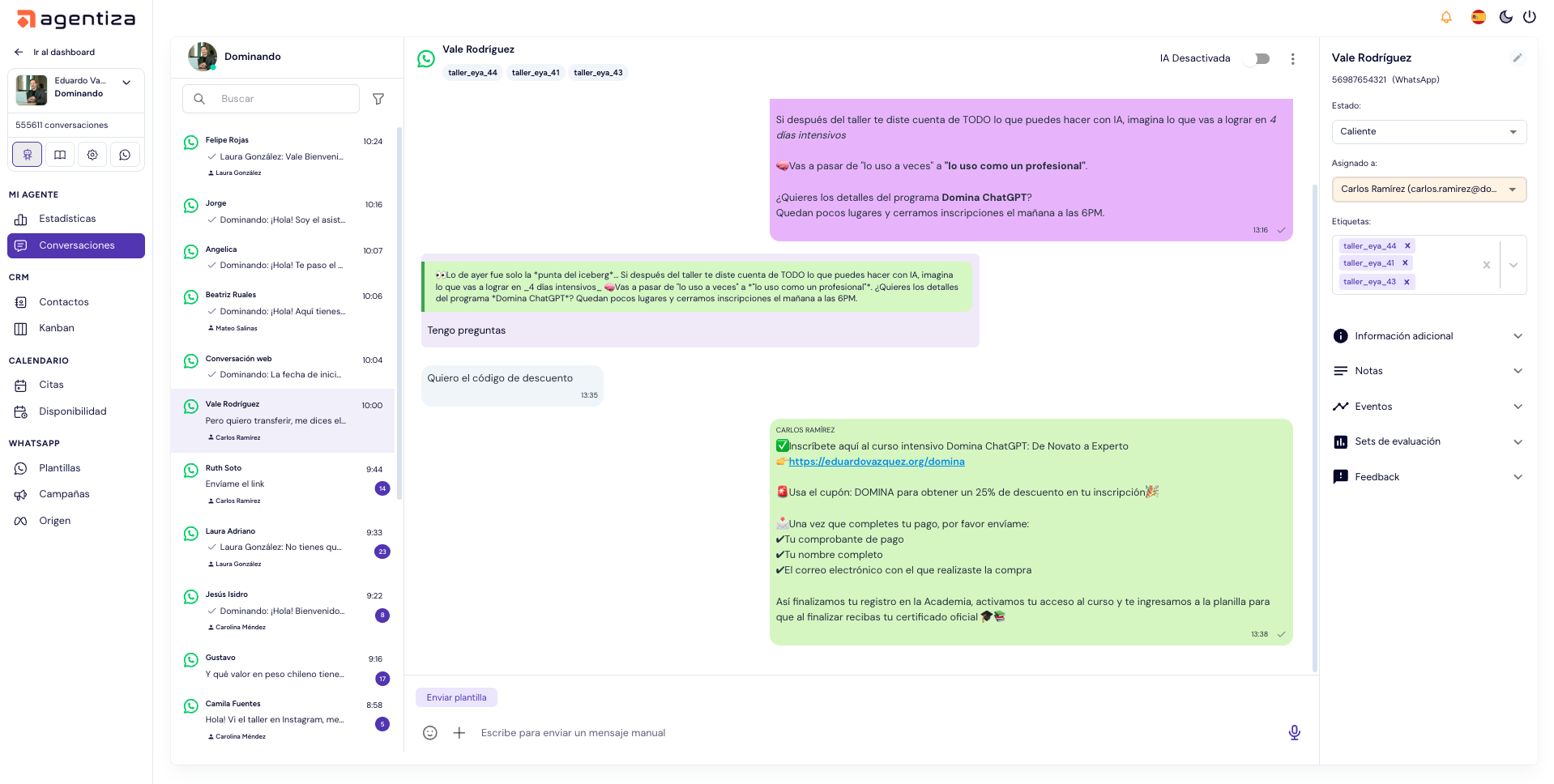Bandeja de conversaciones con IA y handoff a agente humano